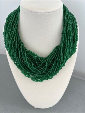 Green Multi-Strand Seed Bead 8” Necklace with Vintage One Pice Coin as Clasp